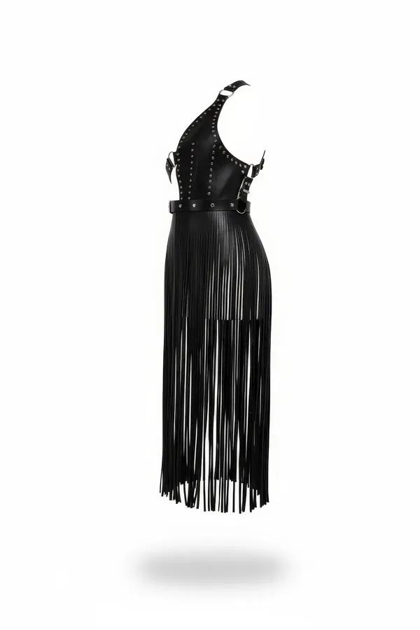 black faux leather studded halter harness dress with floor-length fringe skirt and silver buckle hardware, side profile view