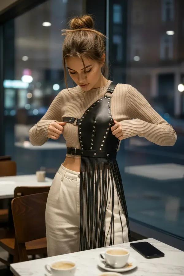 Black faux leather studded fringe harness waist belt with asymmetrical one-sided fringe and silver metal studs worn over beig