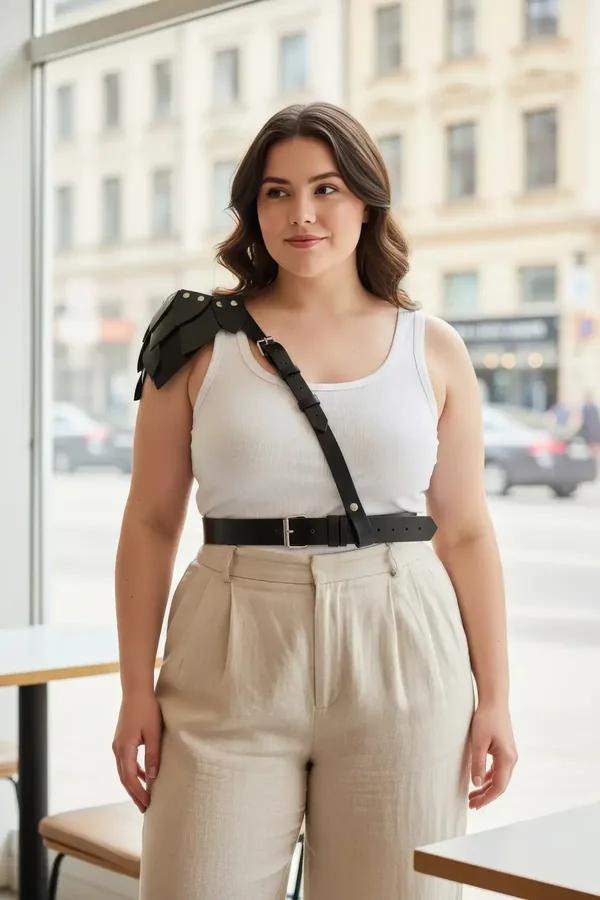 plus size black vegan leather waist belt shoulder harness set with silver buckle and riveted epaulette detail