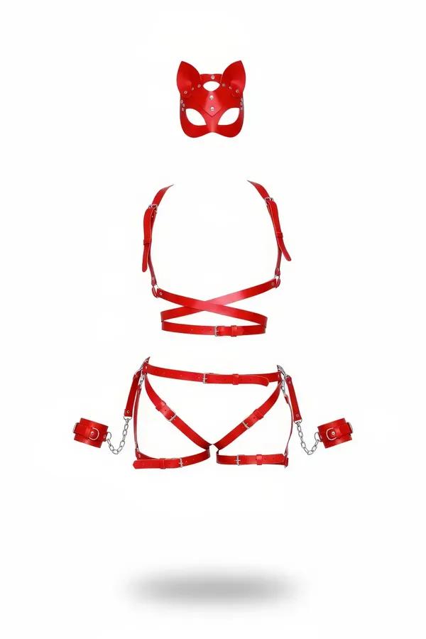 kırmızı suni deri harness takım kedi maskesi zincirli kelepçe ve bel harnessi gümüş metal toka dört parça set