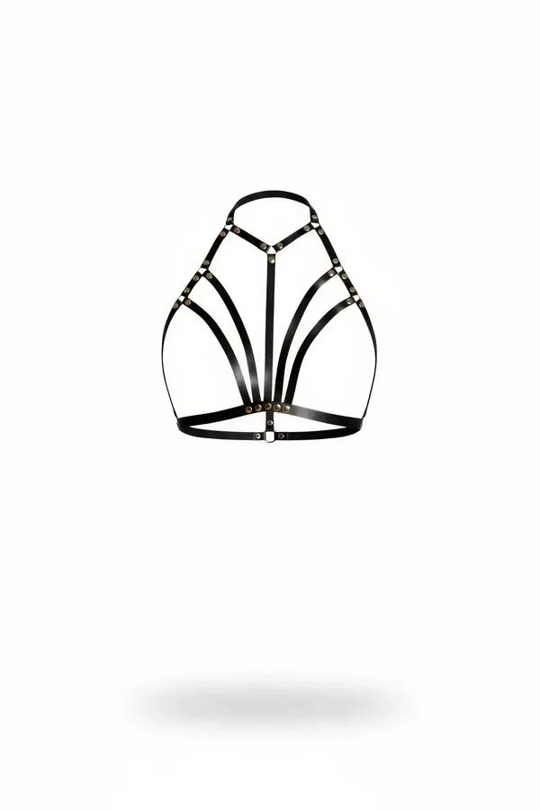 Black faux leather caged halter harness top with five fanned straps and gold-tone rivets, front view