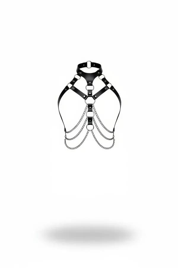 black faux leather chest harness with built-in choker collar, five silver O-rings, and three draped link chains across lower 