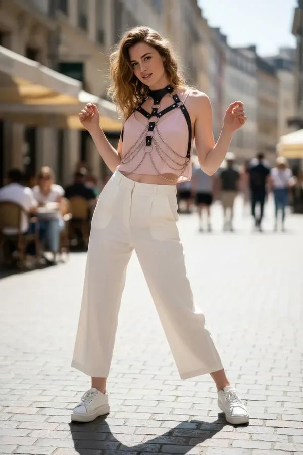 Black vegan leather body harness with five draped silver chains and choker collar worn over a pink top