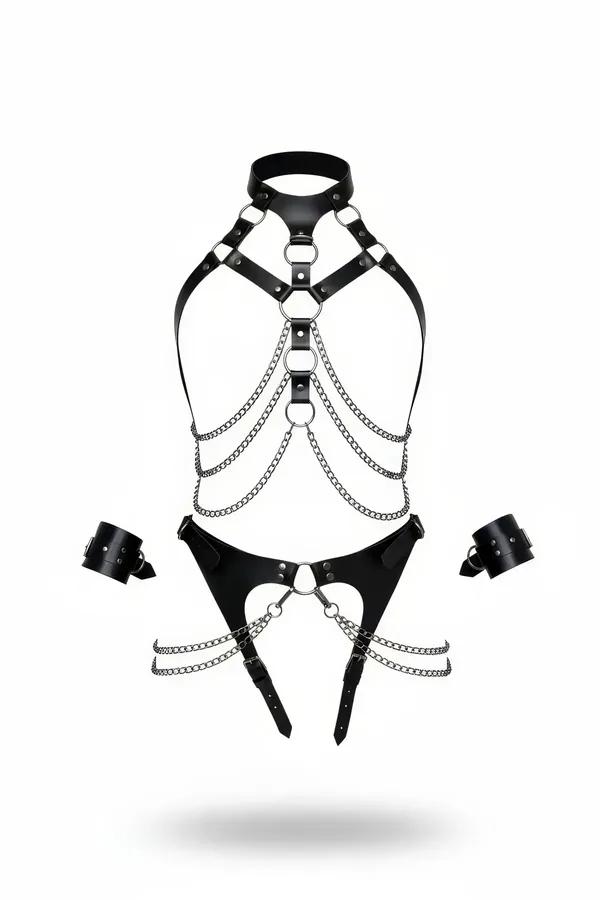 siyah vegan deri harness takım gümüş zincirli boyunluklu bileklik seti düz yayılmış görünüm