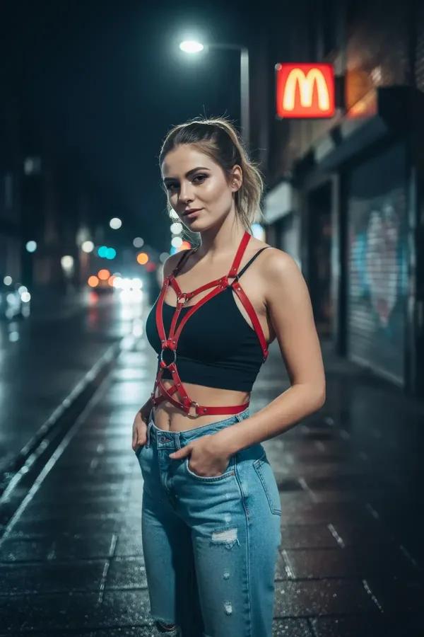 red faux leather chest harness with silver O-rings worn over black crop top and jeans street style