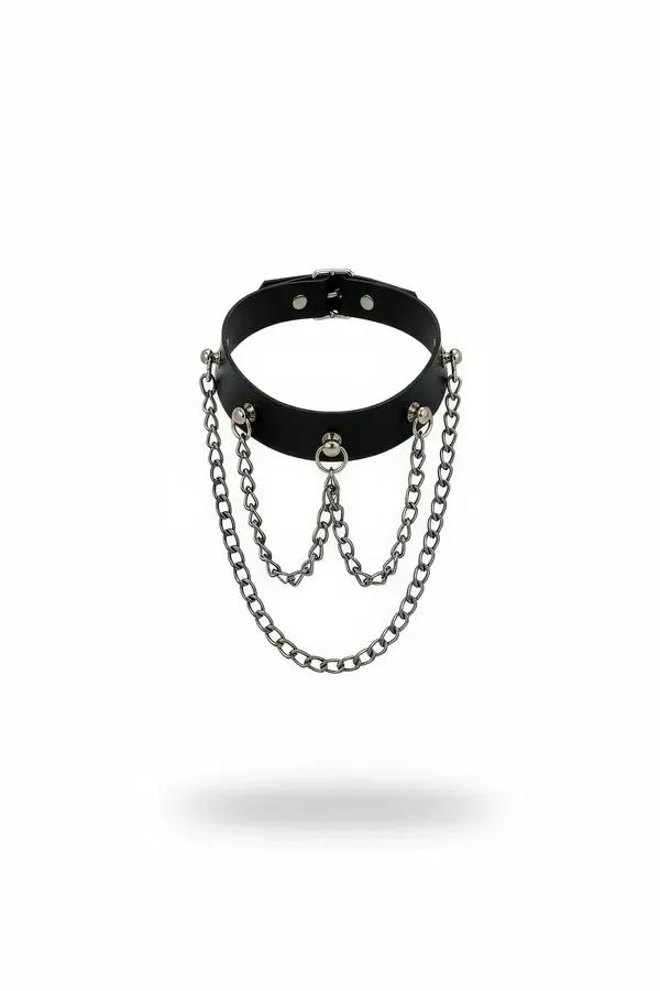 siyah vegan deri choker yaka kolyesi çift katlı gümüş sarkıt zincir ve toka detaylı