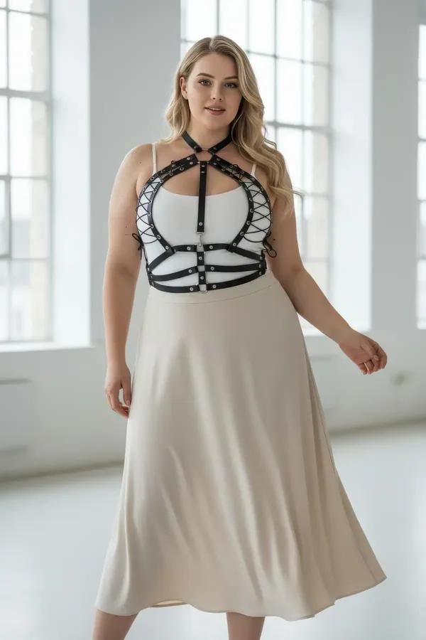 Black faux leather halter harness with crisscross corset lacing and silver O-ring hardware worn over white top