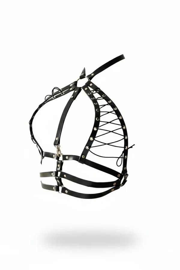black faux leather chest harness with lace-up cup panels and silver eyelet hardware, front view