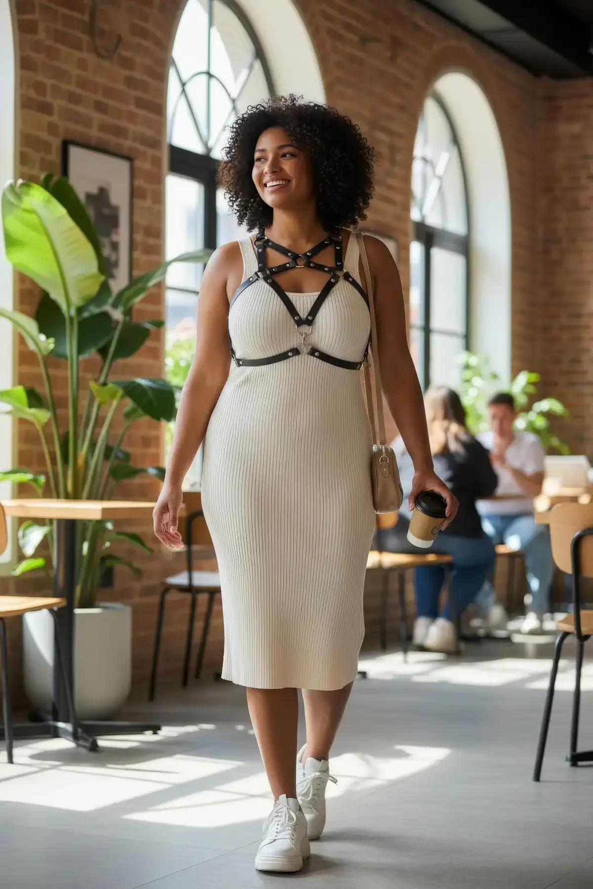 black faux leather chest harness with gold studs and O-ring worn over ribbed midi dress streetwear