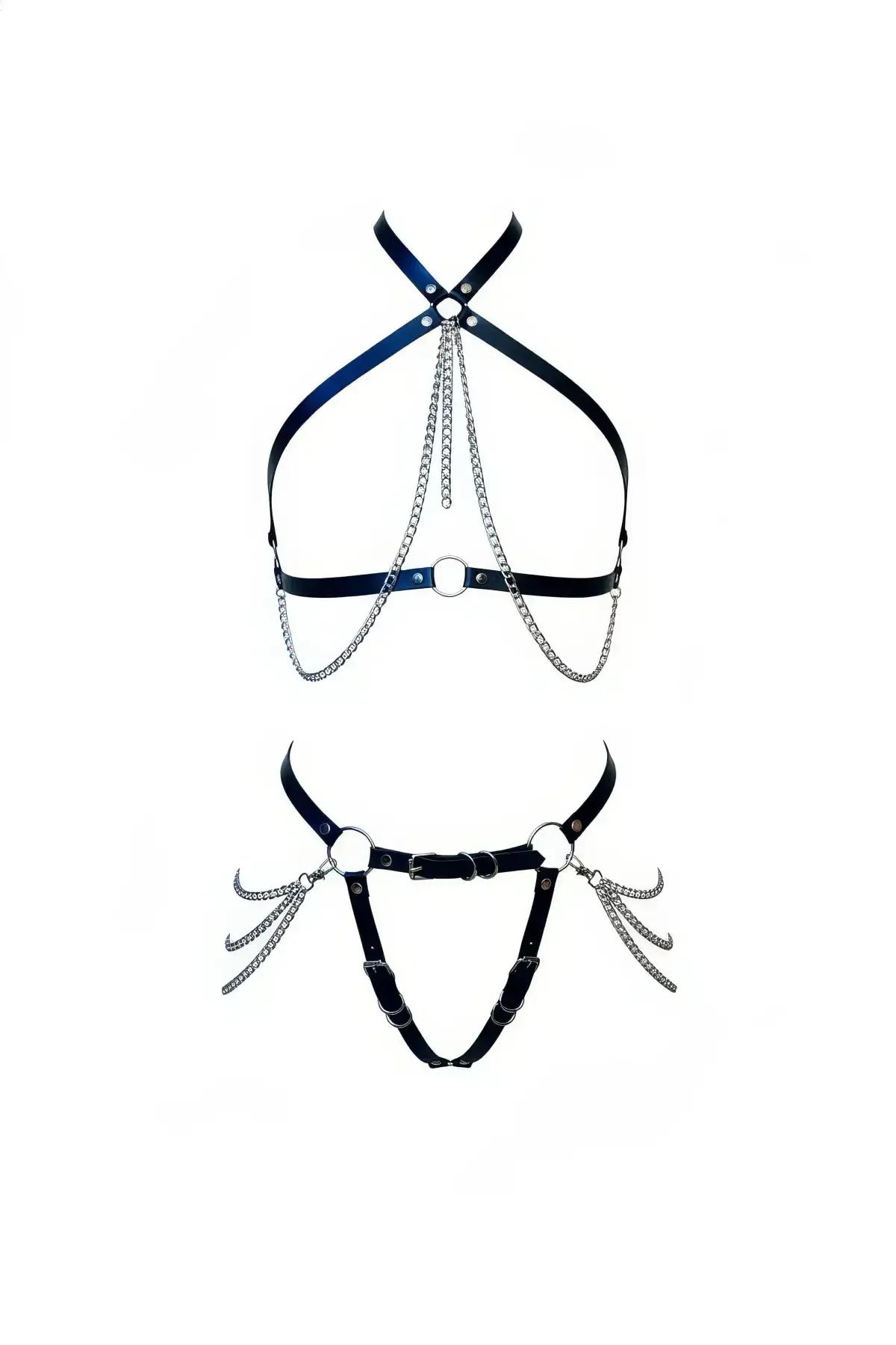 black faux leather two-piece harness set with X-cross chest straps, O-rings, and dangling silver chains on white background