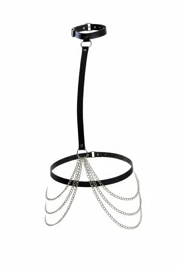Black faux leather choker body harness with five draped silver-tone hip chains and adjustable buckle
