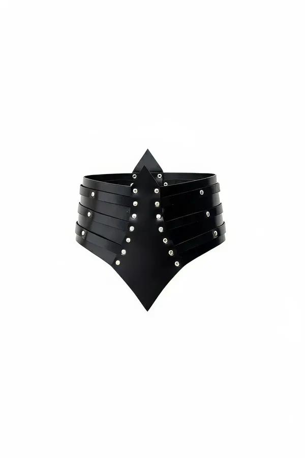 Black faux leather corset belt with five horizontal straps silver dome studs and pointed top and bottom panels