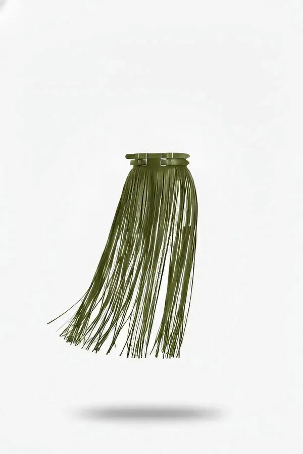 Olive green vegan leather fringe waist harness with long flowing tassels and silver double-buckle bands