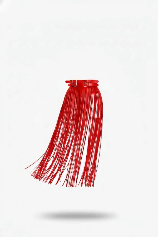Red faux leather fringe tassel waist harness skirt with double silver-tone buckle waistband and long flowing red strands