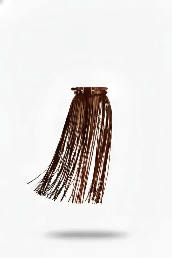 Brown faux leather fringe waist harness skirt with dual silver buckle waistbands and long tassel fringe
