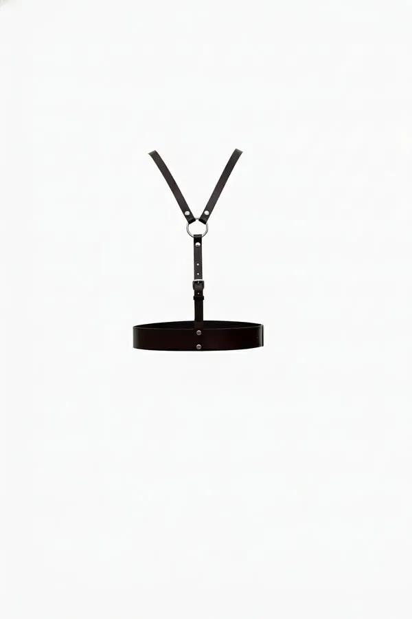 black faux leather chest harness Y-strap with silver O-ring and wide 6 cm waist belt