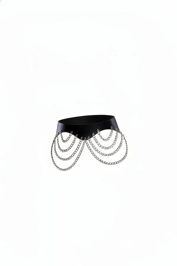 Black faux leather waist belt with four cascading silver chain tiers draped in symmetrical swags across the front panel