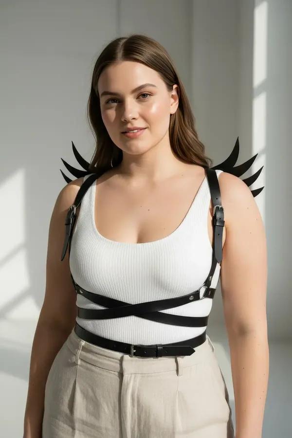 black faux leather body harness with five-spike wing shoulder panels and crisscross waist straps worn over white ribbed tank