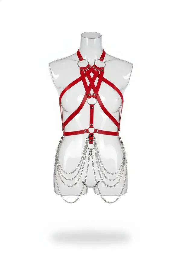 Red faux leather interwoven body harness with silver O-rings and five-row draped hip chains on mannequin