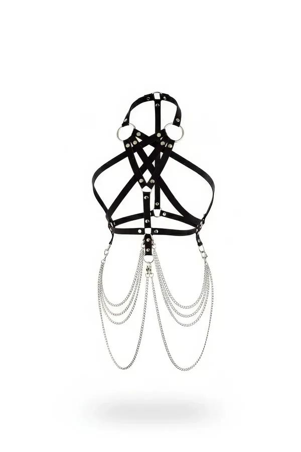 Black faux leather halter body harness with five cascading silver chain rows and silver O-rings on white background