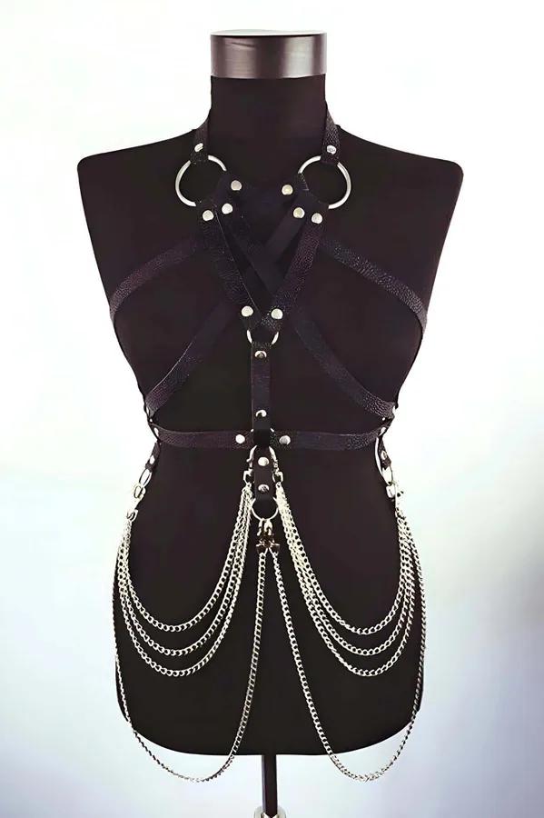 black faux leather full body harness with five-layer silver chain skirt on mannequin front view