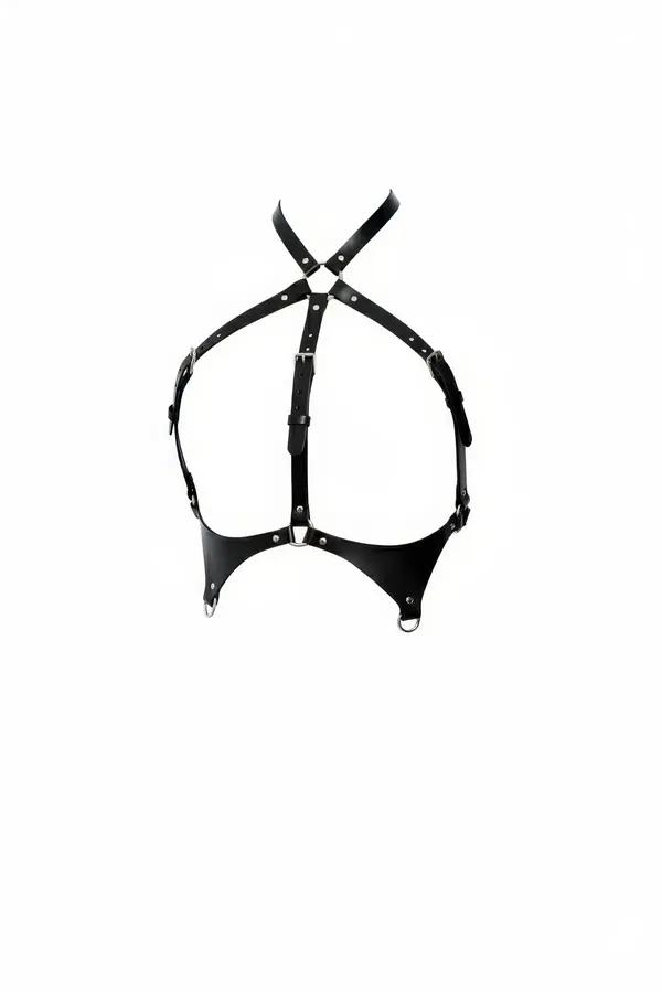 black faux leather X-cross chest harness with structured panel base and silver O-ring hardware
