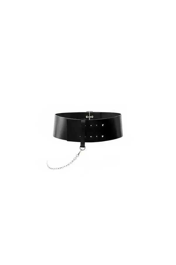 Black wide faux leather waist harness with draped silver chain and front D-ring on white background