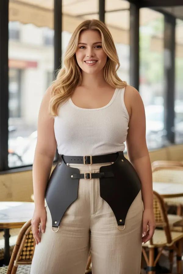 plus size black vegan leather corset belt with gold buckle hip flap and D-ring detail women's accessory