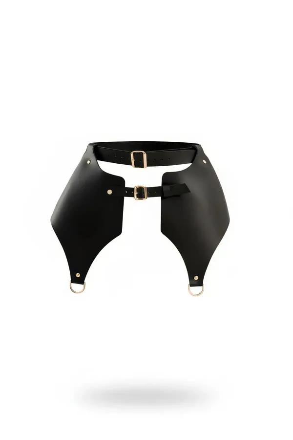 Black faux leather waist harness with geometric asymmetric panels, gold double buckles, and D-rings at lower corners