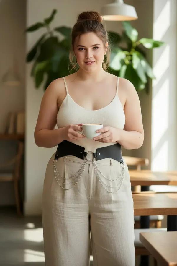 Black faux leather wide waist harness with silver O-ring and draping hip chains worn over linen trousers