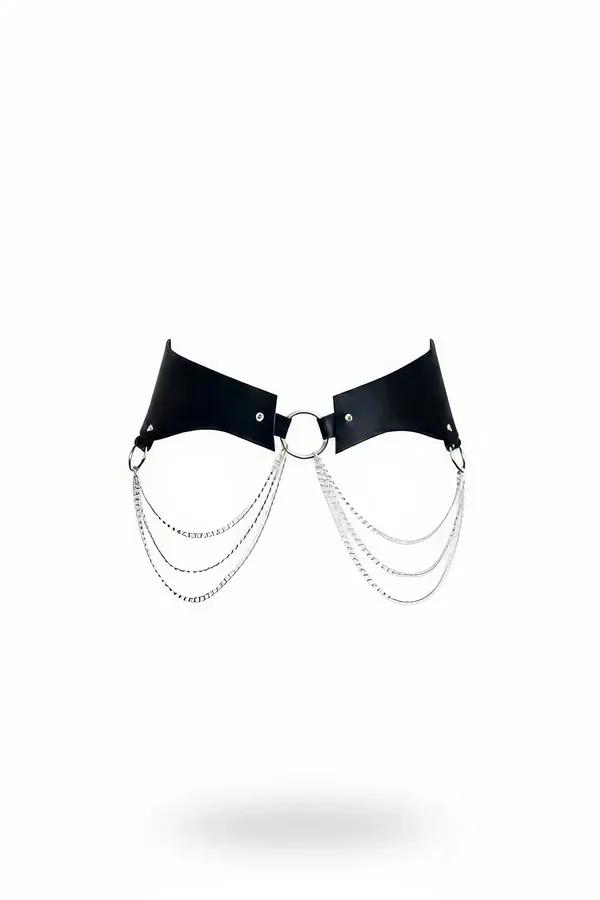 black wide faux leather waist harness with four draping silver chains and central O-ring front view