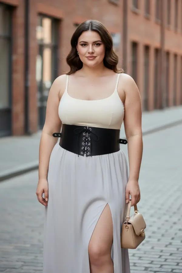 black faux leather wide underbust waist cincher with front lace-up closure and silver metal eyelets worn over cream cami and 