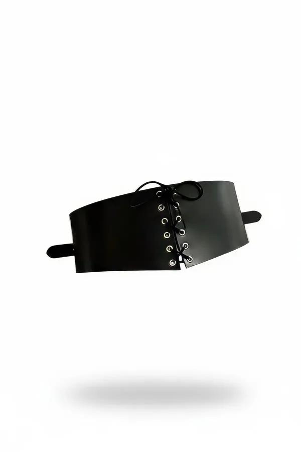 black faux leather lace-up waist cinch corset belt with silver eyelets and cord closure, wide 10 cm band