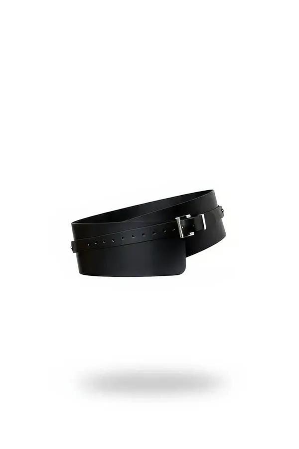 black wide faux leather waist belt with silver rectangular buckle closure and punch-hole adjustment row