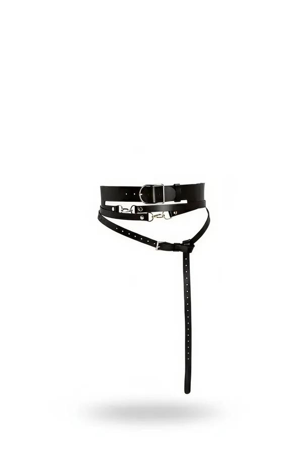 black faux leather thick buckle waist harness with extended slim leg strap and silver-tone snap hooks