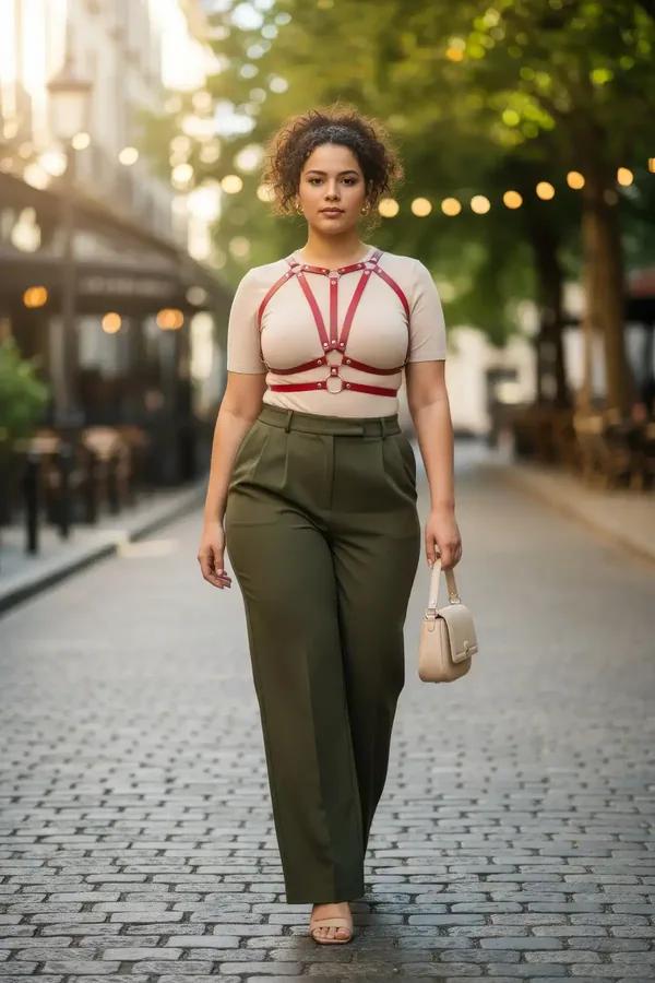 bordo vegan deri büyük beden vücut harness, üçgen göğüs kafesi yapısı, gümüş O-ring toka detay