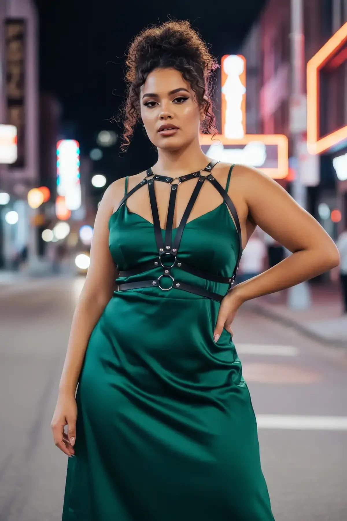 Black strappy chest harness layered over fitted white top with high-waisted trousers