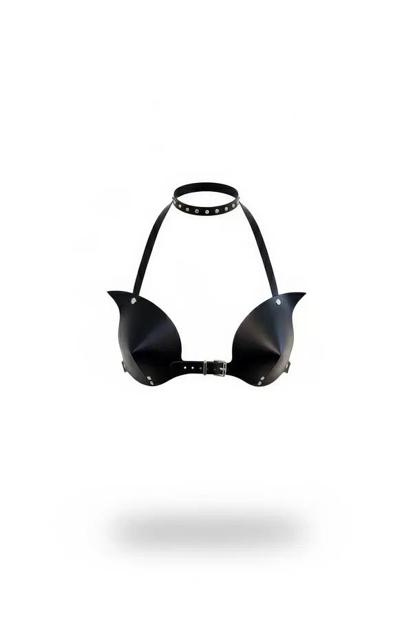 Black matte faux leather spiked cup harness bra with silver dome studs and integrated studded choker halter strap