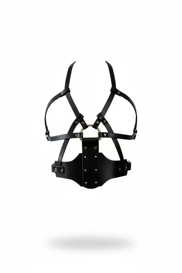 siyah vegan deri göğüs harness bronz O-halka zımbalı geniş bel paneli aksesuar