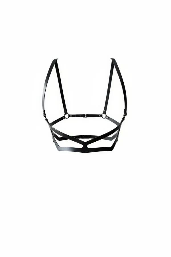 black faux leather caged underbust harness bra with geometric angular cutout panels and adjustable shoulder straps