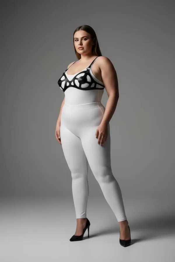 Büyük beden siyah vegan deri kafes kesimli göğüs harness, beyaz bodysuit üzerinde tam vücut görünümü