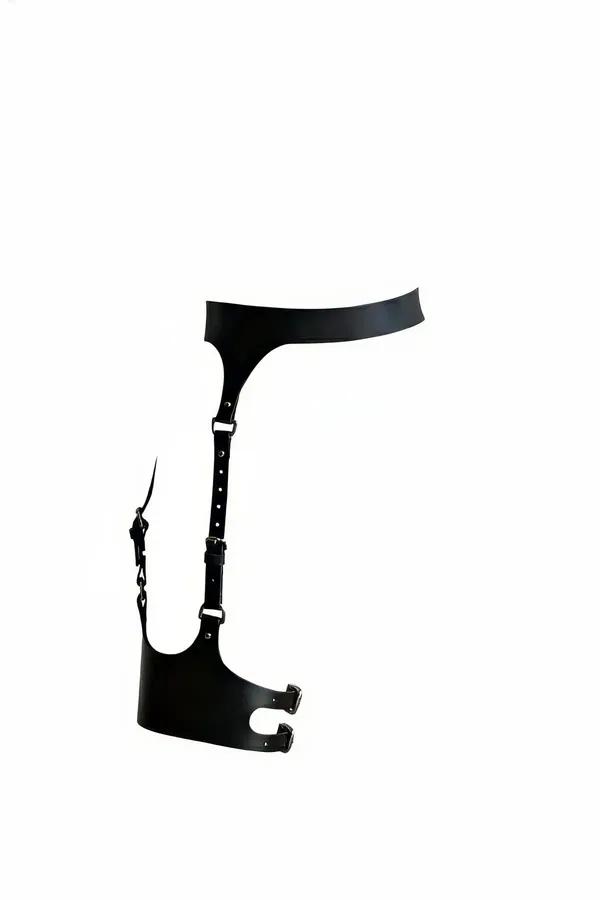 siyah faux leather jartiyer harness geniş bel bandı gümüş tokalı bacak paneli