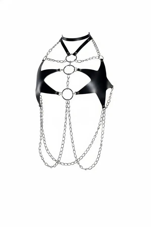 Black faux leather chest harness with three silver O-rings, choker neckline, and cascading multi-strand silver body chains