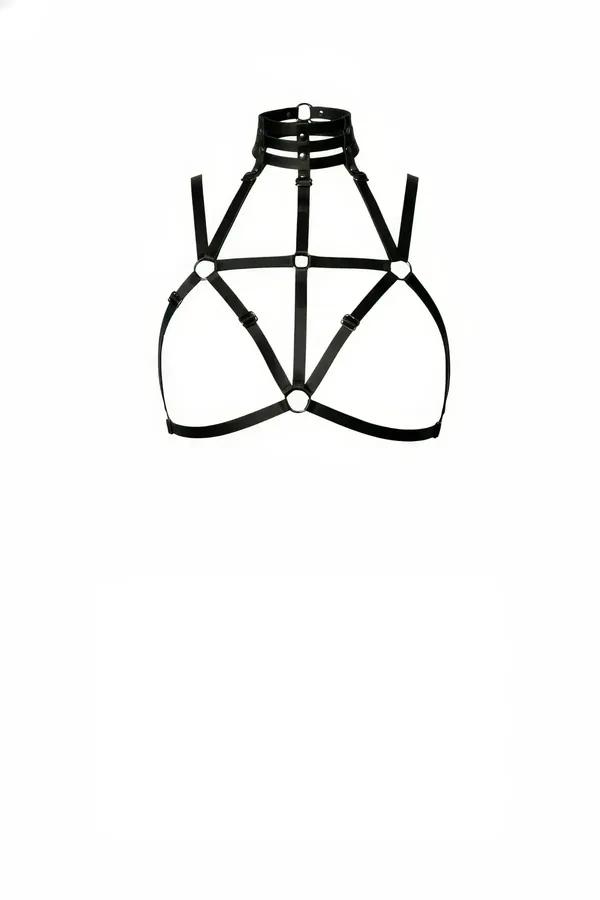 siyah elastik kafes bralet harness yüksek yaka çift bantlı choker gümüş O halkalar geometrik şerit