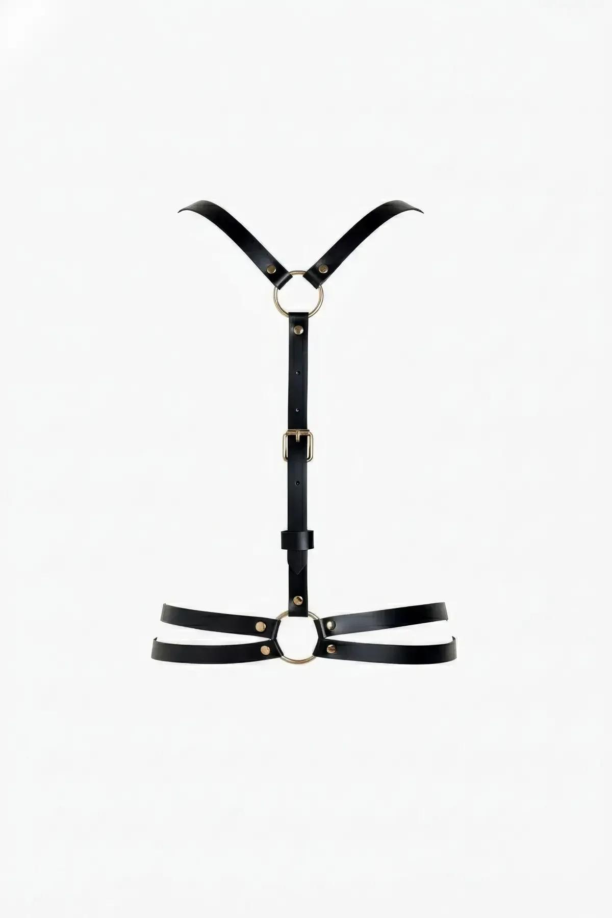 black faux leather chest harness with gold O-rings Y-yoke shoulder strap and double waistband front view