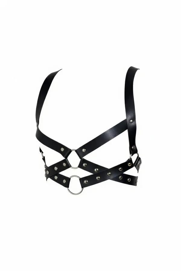 Black faux leather studded caged chest harness with dual silver O-rings and X-cross strap panel