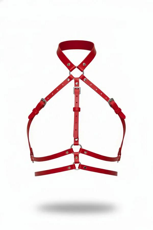 Red faux leather choker chest harness with X-cross straps, double underbust bands, and silver rivet hardware on white backgro