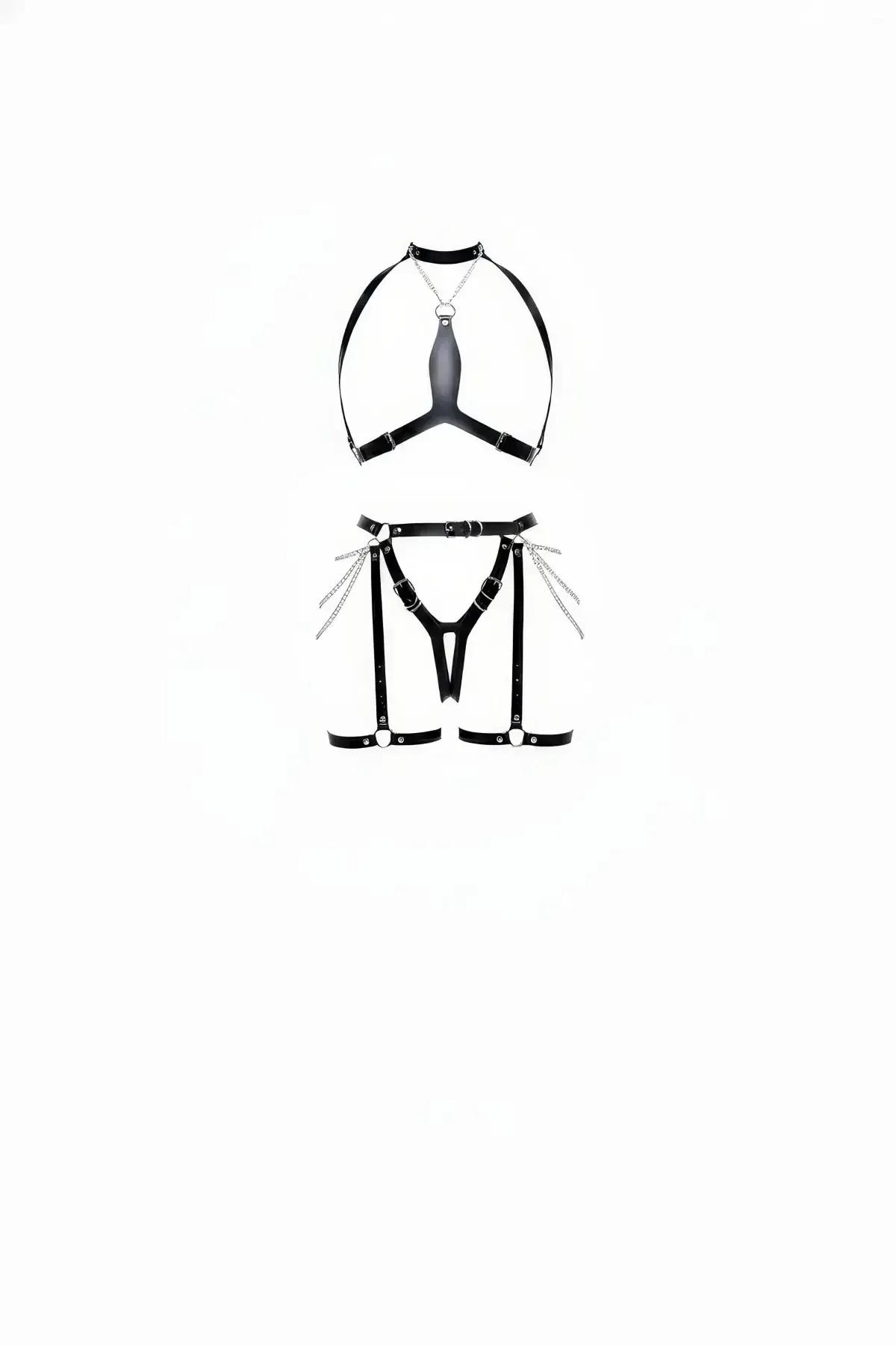 black faux leather chest collar harness with O-ring and matching garter belt thigh cuff set with silver chains