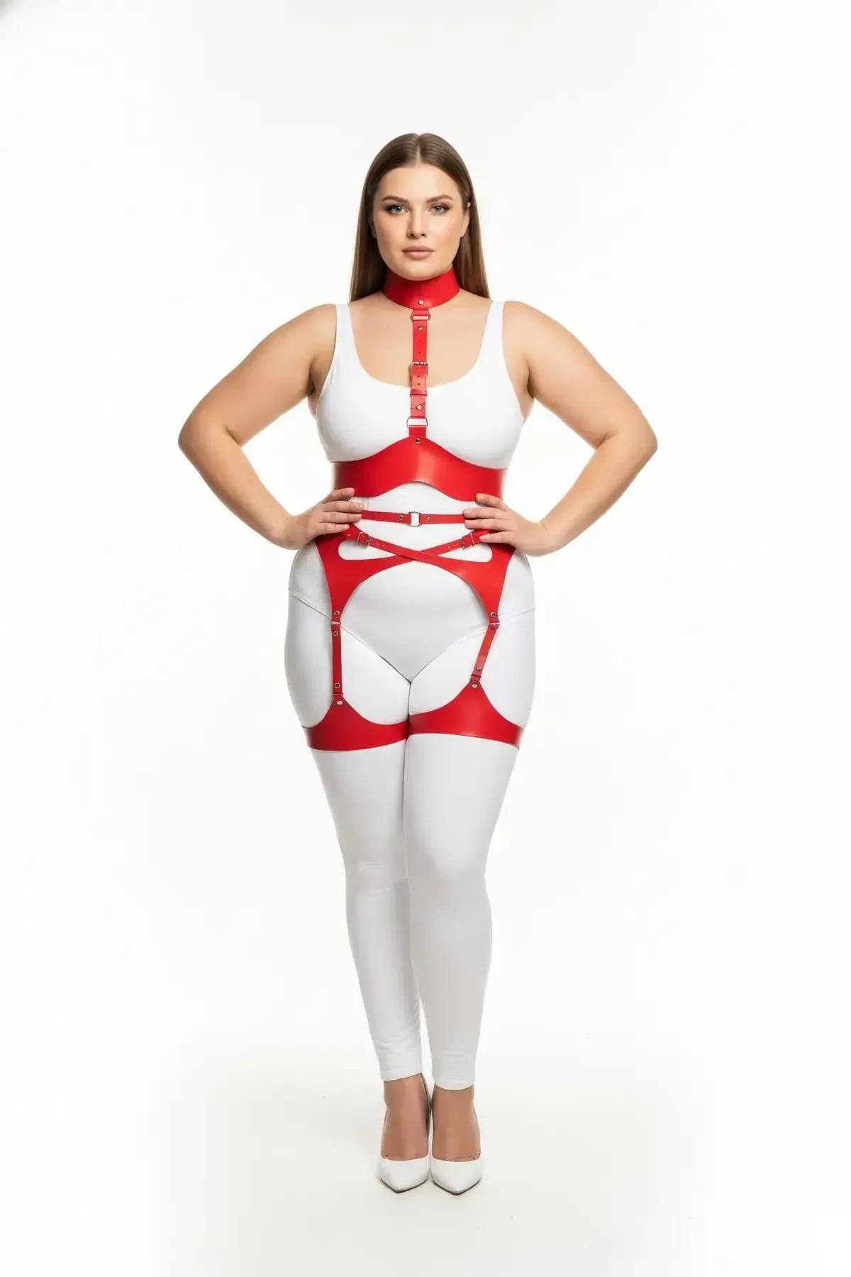 Red faux leather body harness set with choker collar, wide waistband, cross straps and garter straps, silver buckle hardware,