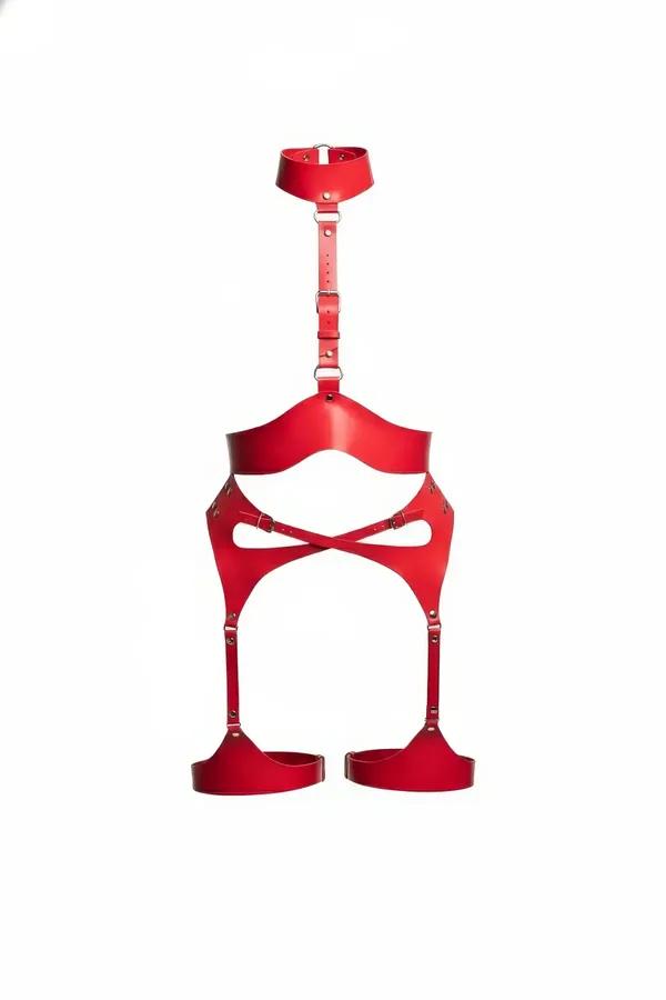 kırmızı vegan deri harness takım gerdanlık bel bandı uyluk halkası gümüş tokalı tam set